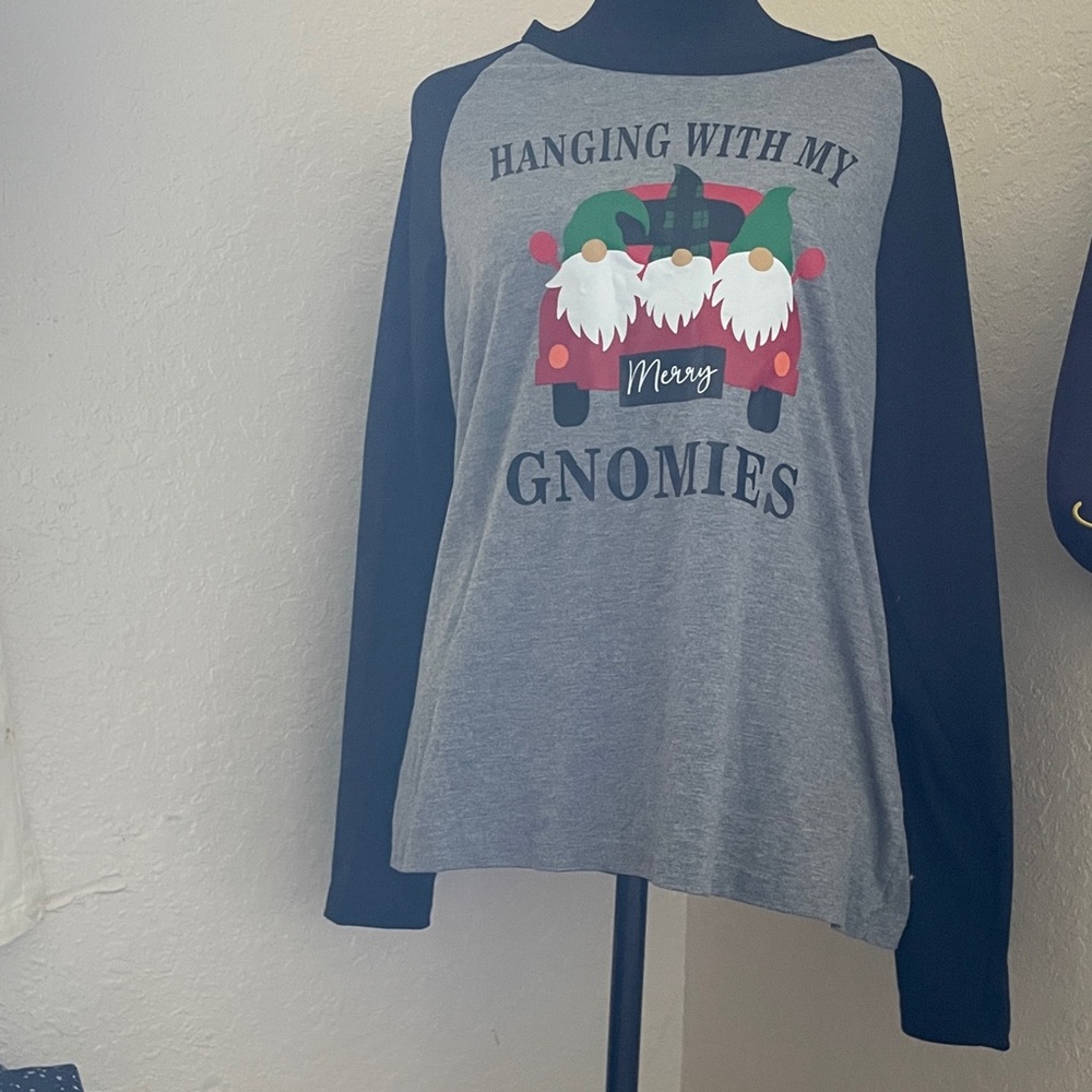 PatPat Gray and Black Long Sleeve Gnomies Shirt Christmas Top